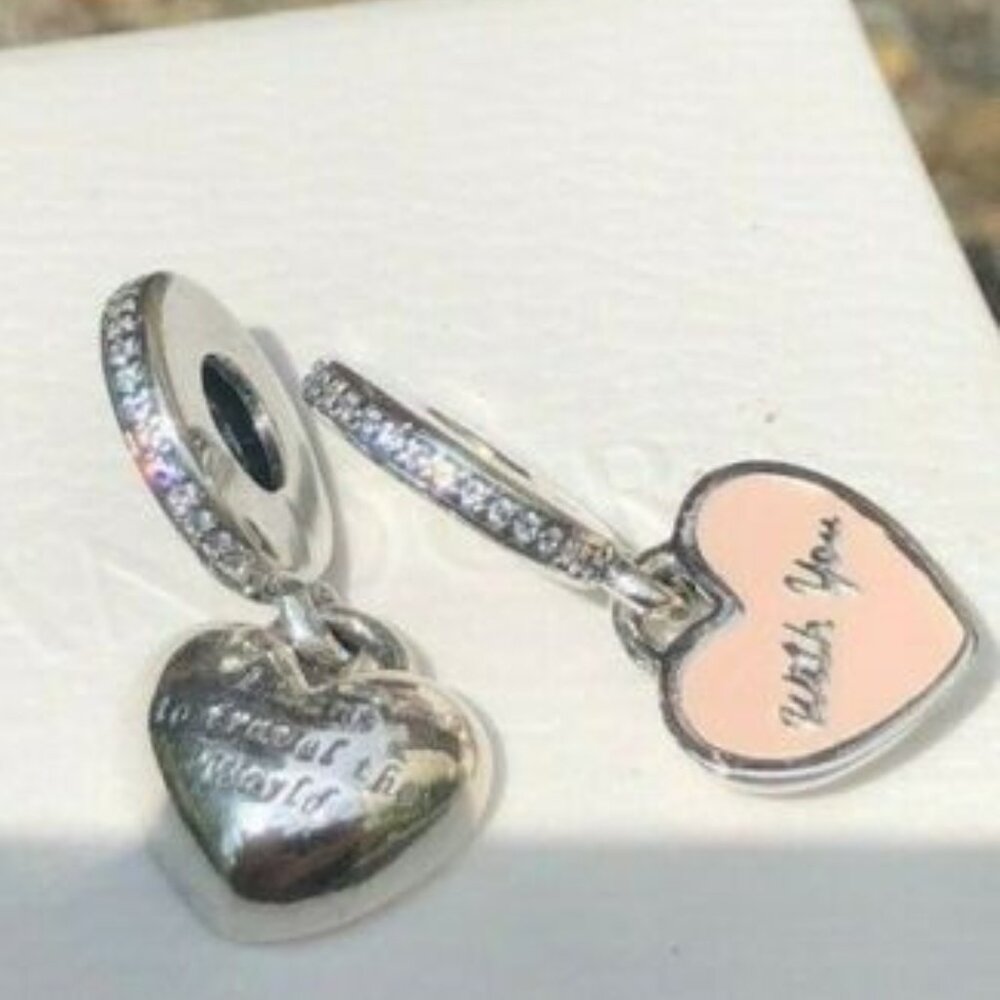 Pair of 2 Pandora Charms Pink Enamel "want to travel the world w you" Fall Sale